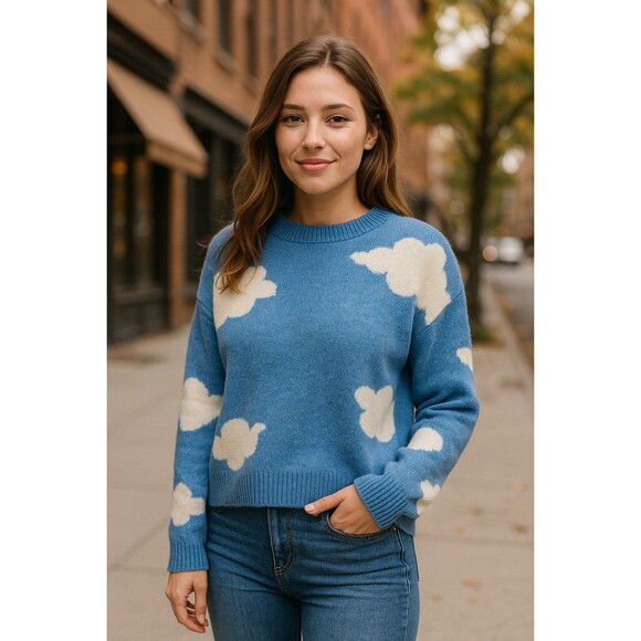 THML Sweaters - THML Blue Cloud Print Knit Sweater Pullover Women’s Medium